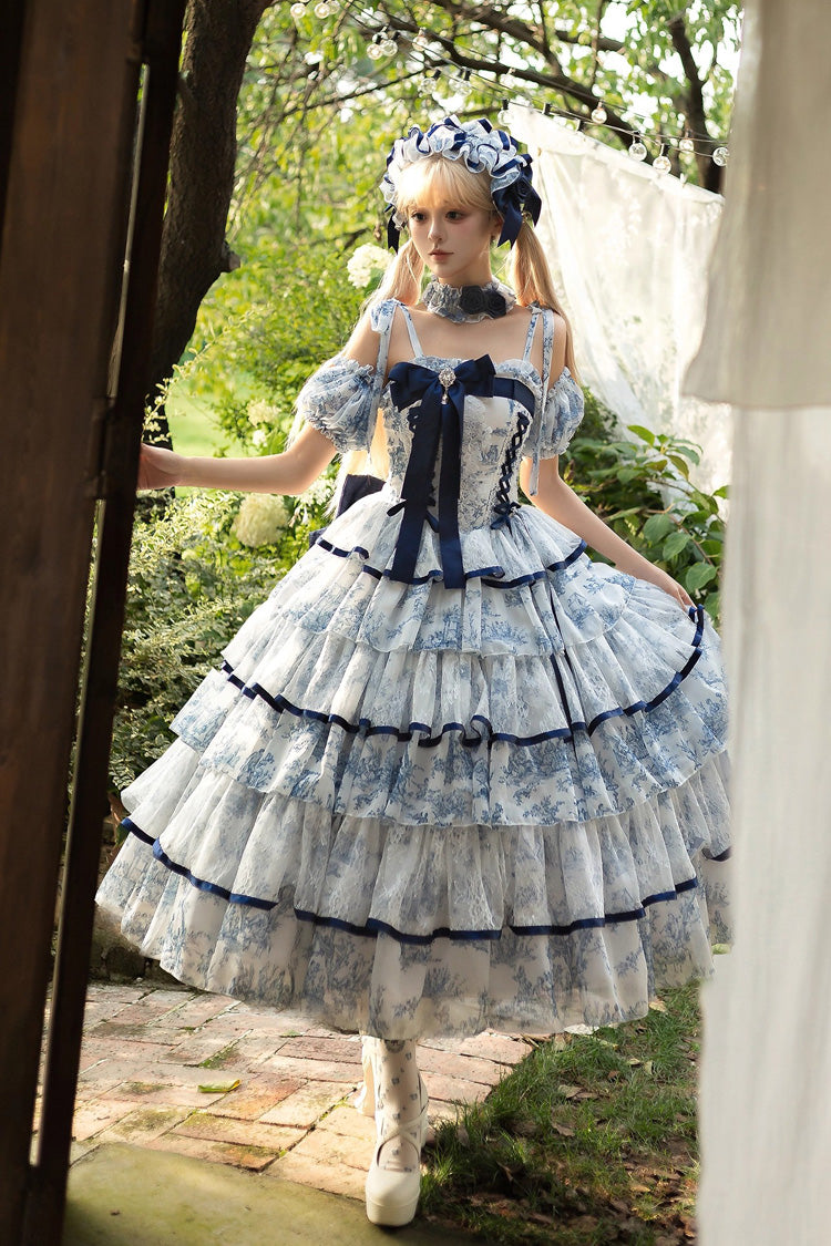Cerulean and Ivory Sleeveless Bow Print Chinese Classic Sweet Lolita JSK Long Dress with Fishbone Details
