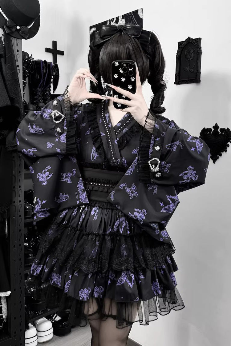 Studded Ruffled Lace Print Gothic Jirai Top and Skirt Set in Three Shades