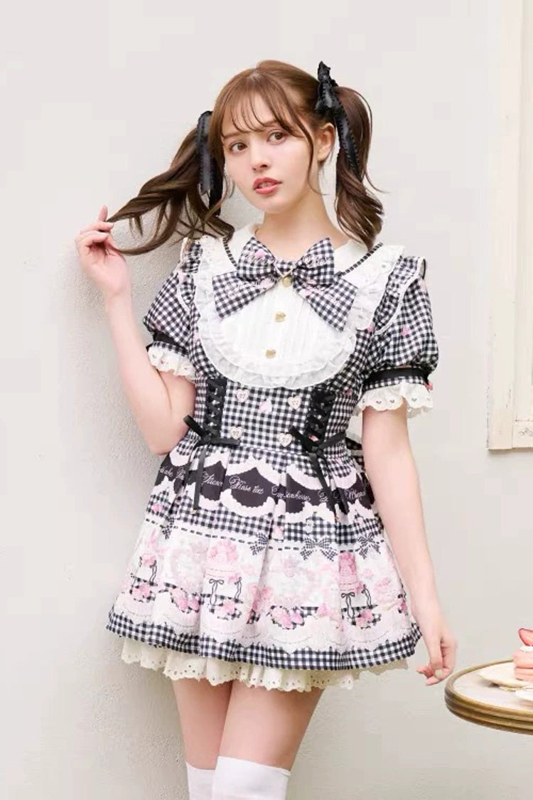 Lapel Collar Short Sleeve Printed Bow Jirai Kei Dress