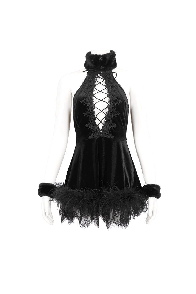 Plush Black Fluffy Splice Velvet Halter Gothic Dress