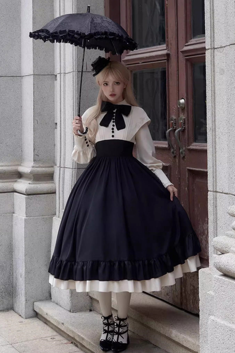 Elegant Rose-Embroidered Long-Sleeve Ruffle Bow Dress with Faux Two-Piece Style in 2 Shades
