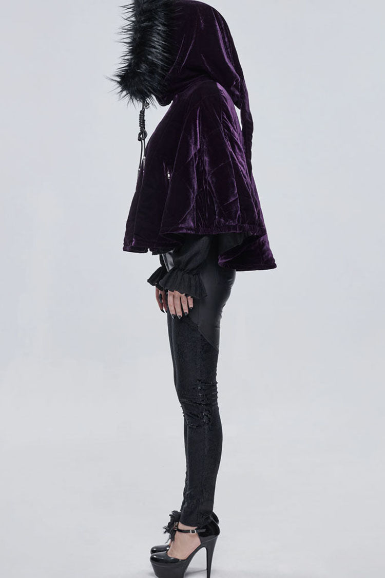 Violet Quilted Velvet Collar Crescent Pendant Zip Women's Wrap