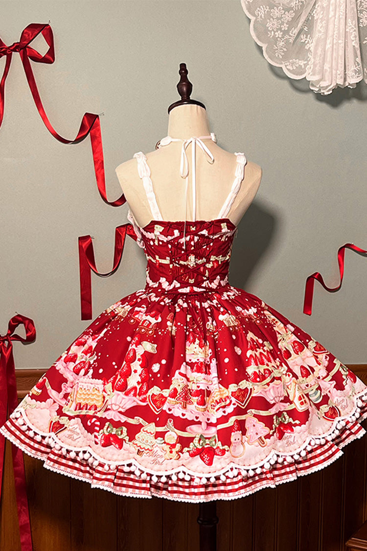 Mint Strawberry Dessert Printed Natural Waist Sweet Lolita JSK Dress - Ruffled