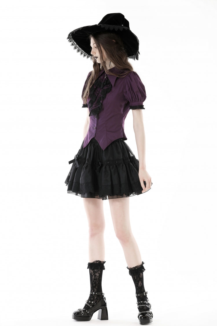 Periwinkle Moon Frill-Collar Puff-Sleeve Gothic Top