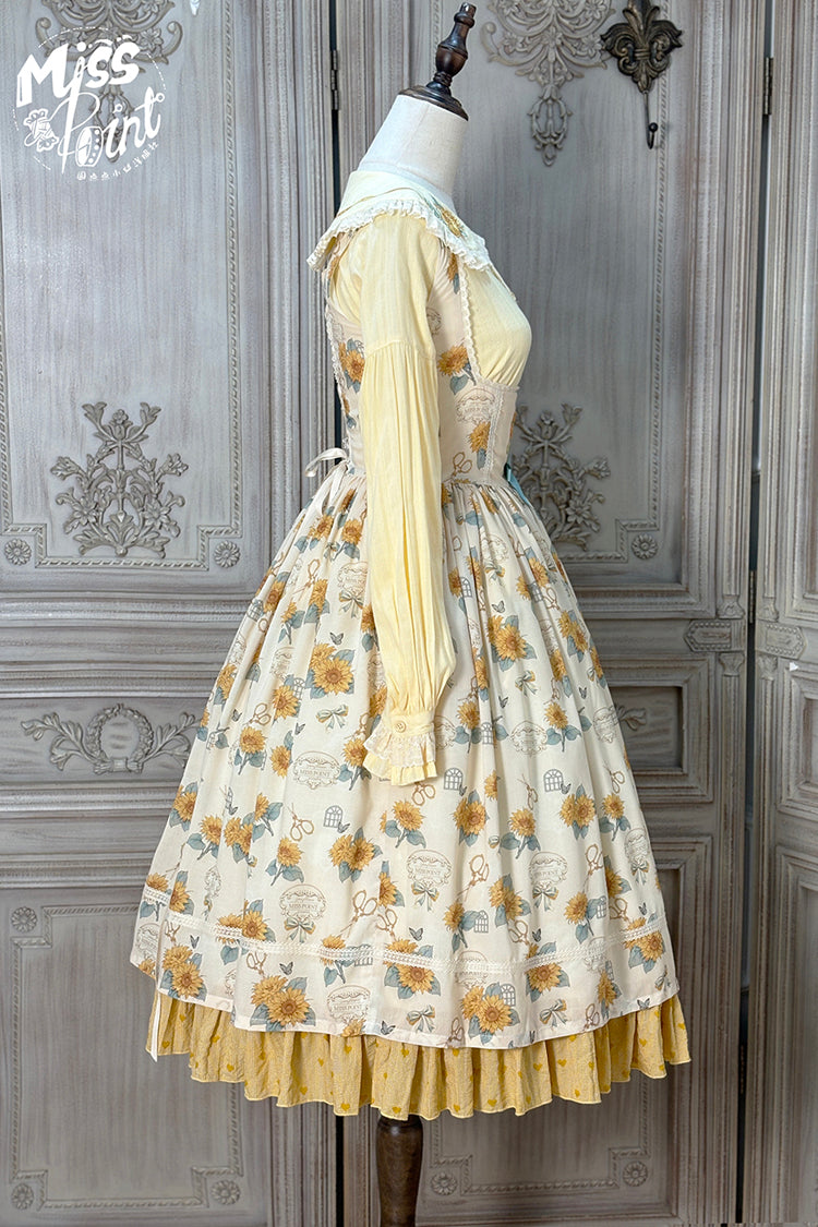 Apricot Sweet Elegant Uplift Lolita JSK Dress with Sleeveless Print Ruffles and Bowknot