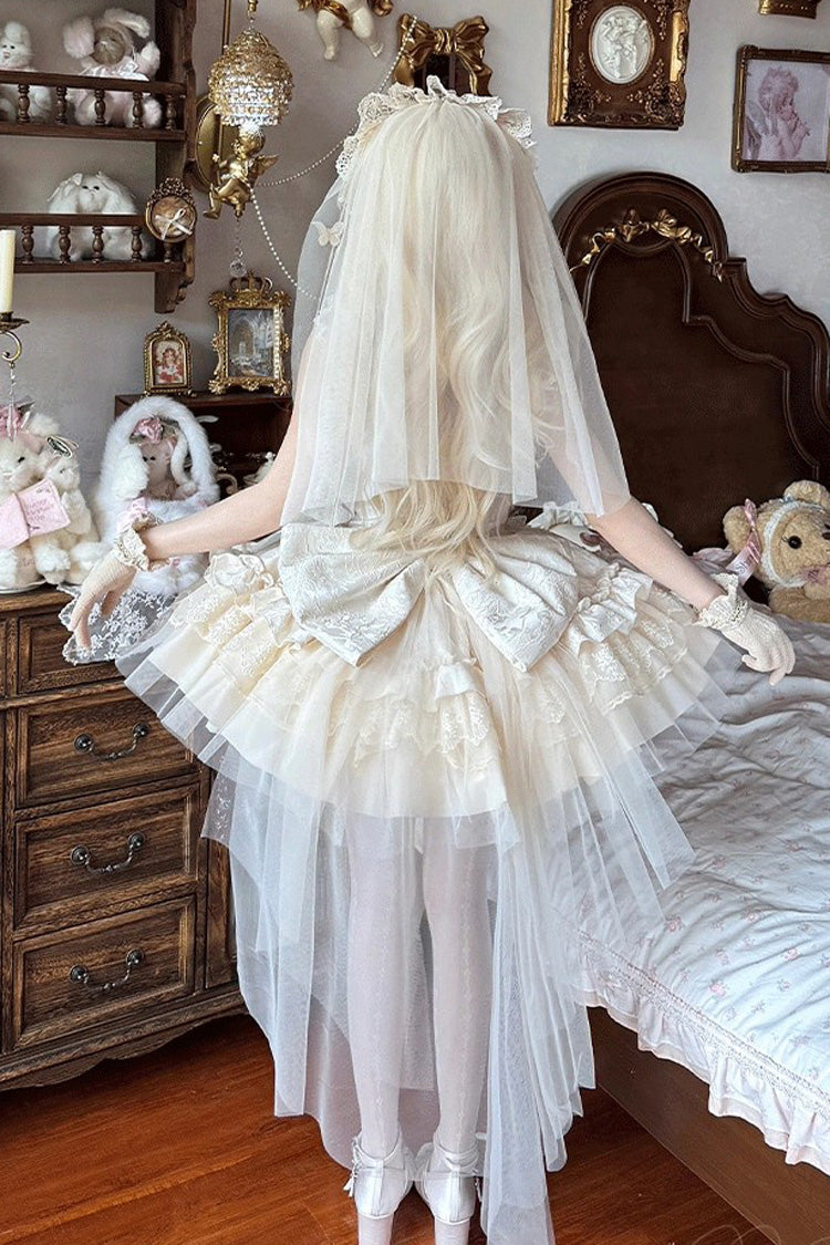 Cream Fleeting Light Shallow Dream Sleeveless Multi-Layer Frilled Bow Lace Slim Ballet Sweet Lolita JSK Dress