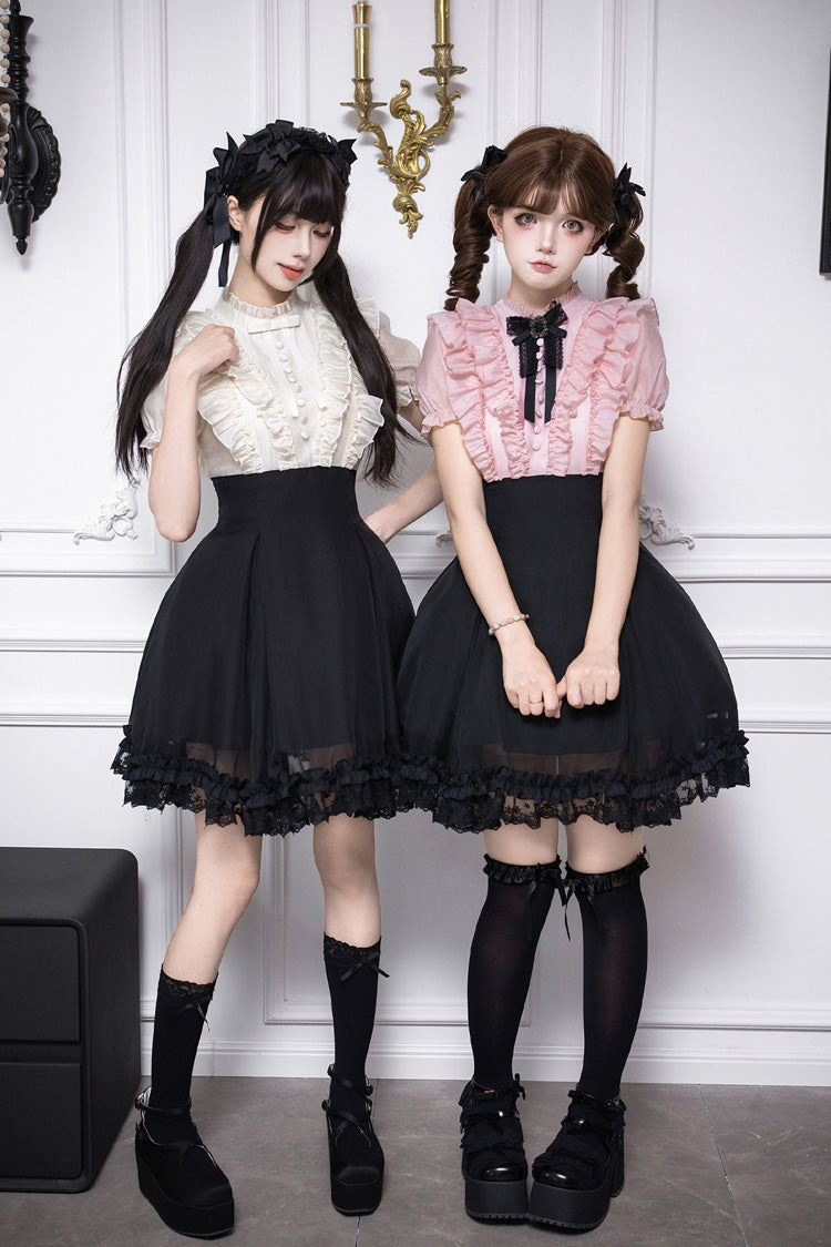 Miss Lola Snow Kiss Stand Collar Short Puff Sleeves Ruffled Color-Blocked Faux Two-Piece Sweet Lolita Dress 3 Colors - Black