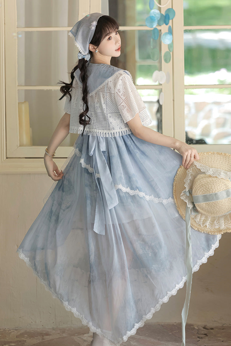 Print Ruffle Embroidery Bow Lace Irregular Lolita Jumper Dress - Blue