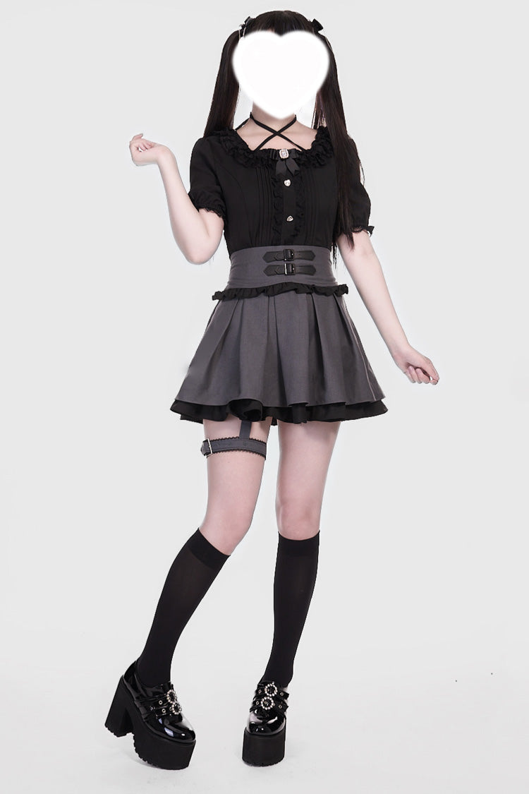 Grey Black Leather Buckle Leg Ring Double-Layer Ruffle Sweet Jirai Kei Skirt