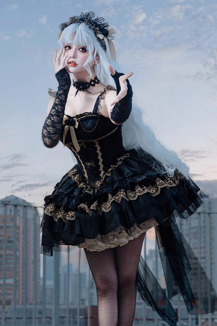 Sleeveless Multi-Layered Ruffle Bow Lace Gothic Ballet Jsk Dress