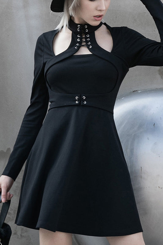 High Collar Front Chest Lace-Up Shoulder Hollow-Out Long Sleeve Punk Dress