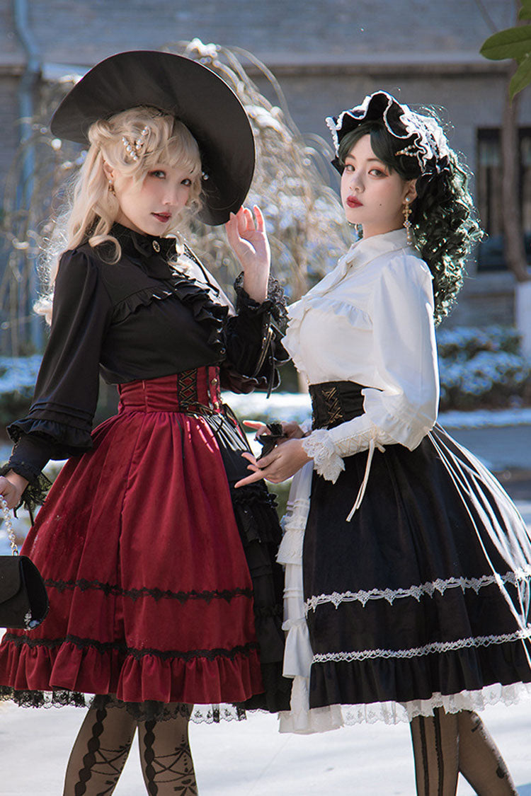 White/Black Gothic Lolita Skirt Dress Stitching Cardigan Ruffled - Altfashion Shop
