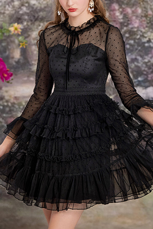 Sweet Lolita Polka-Dot Mesh Black Lace Round-Collar Trumpet-Sleeve Ruffled OP Gown