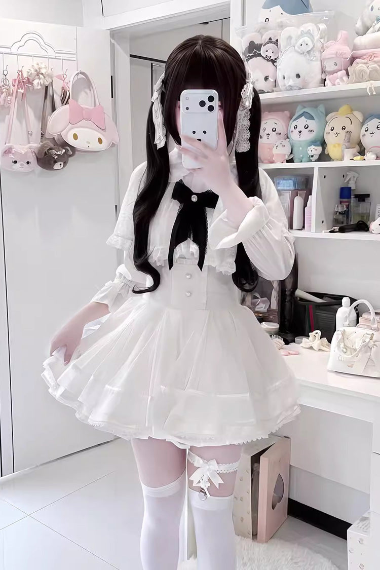 [Law of Disorder] Lapel Collar Long Sleeves Bow Lace Sweet Jirai Kei Skirt and Top 3 Colors