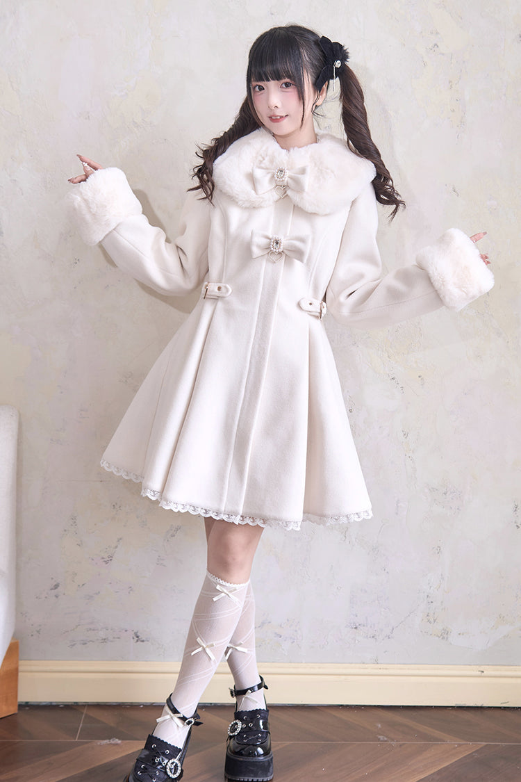 Plush Collar Waist-Cinched Long Sleeve Bow Lace Coat - Lolita Outerwear