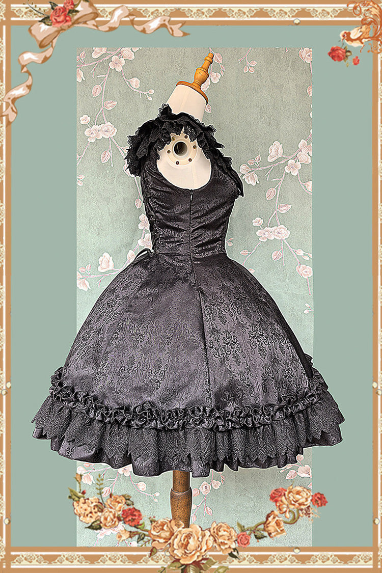 Floral Canon Round Collar Sleeveless Jacquard Printed Ruffled Bow Gothic Lolita Jsk Dress - Black
