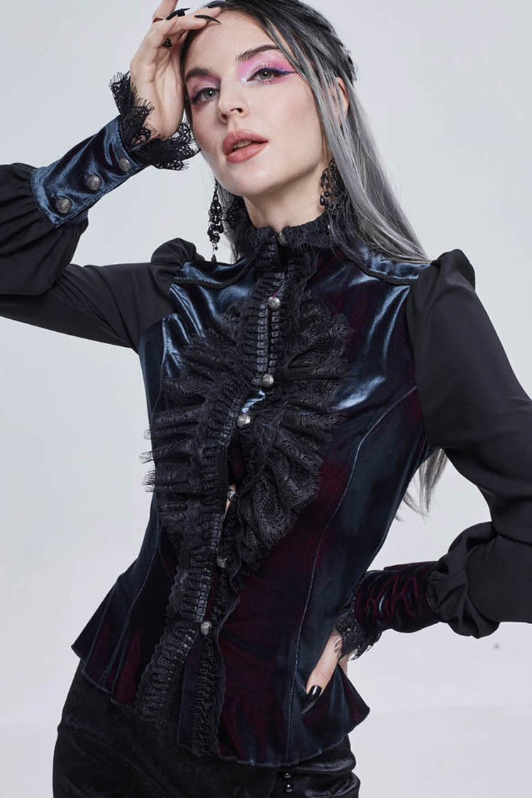 Gothic Turtleneck Shirt with Lantern Sleeves, Velvet Lace-Up, 3D Lace