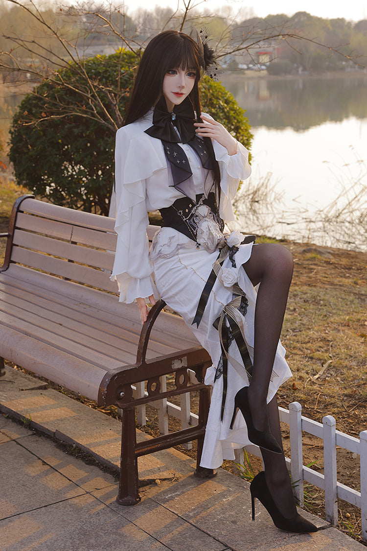 Ivory Jacquard Embroidered Irregular Skirt with Bow - Star Gate