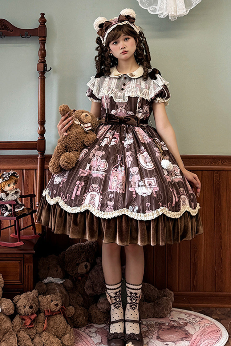 Brown Bear Wall Print Short Sleeves Ruffle Embroidery Bow Sweet Dress