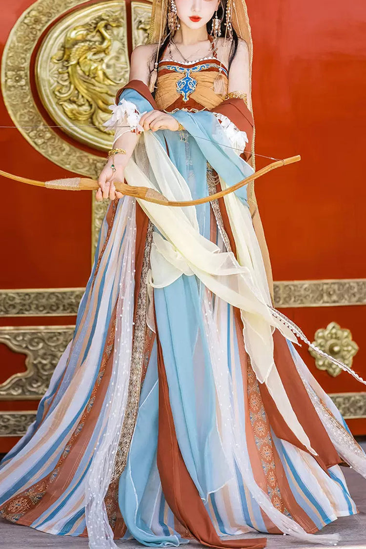 Dunhuang Hanfu Set with Exotic Print, High Waist, Irregular Hem