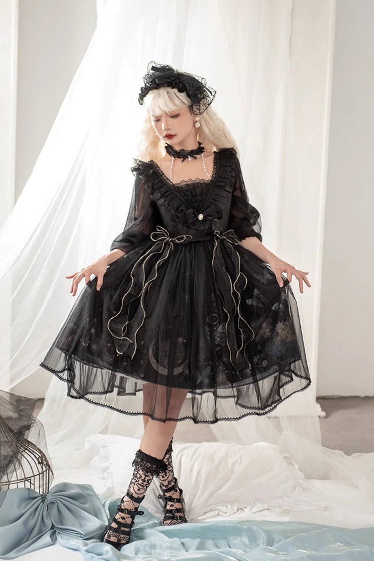 Black Planet Butterfly Printed Gothic Lolita Dress - High-Waisted Ruffled Lace