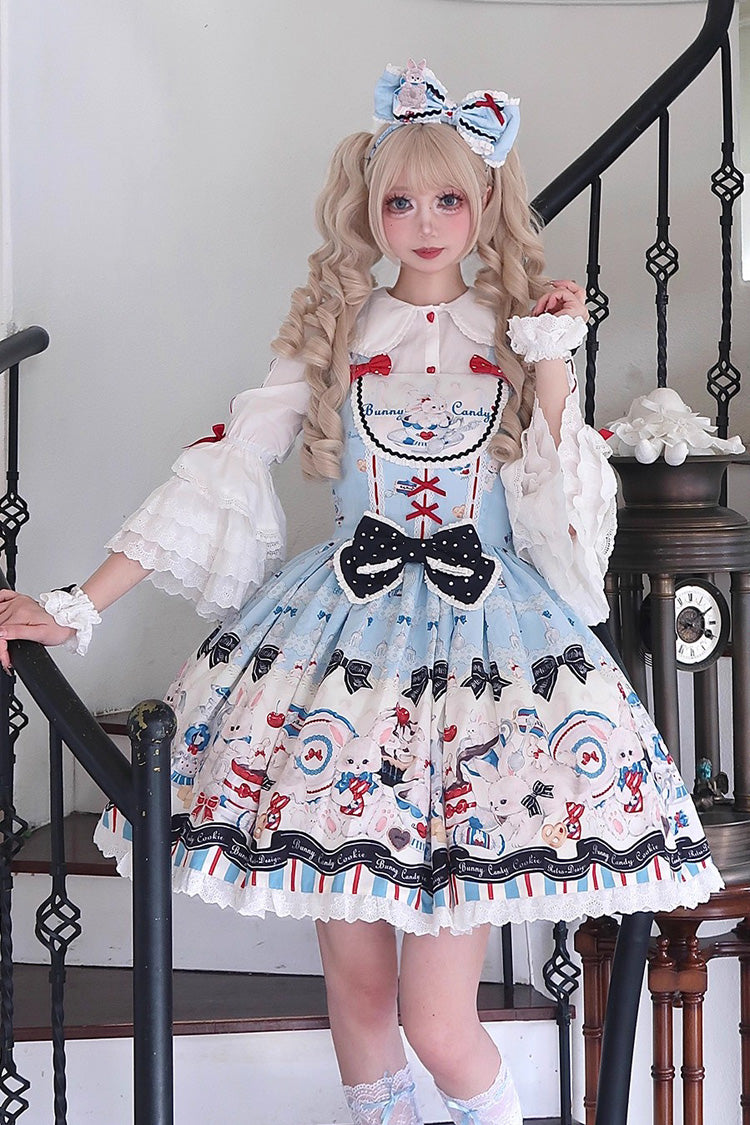 Sleeveless Print Ruffle Bowknot Lace Sweet Lolita Jsk Dress Blue