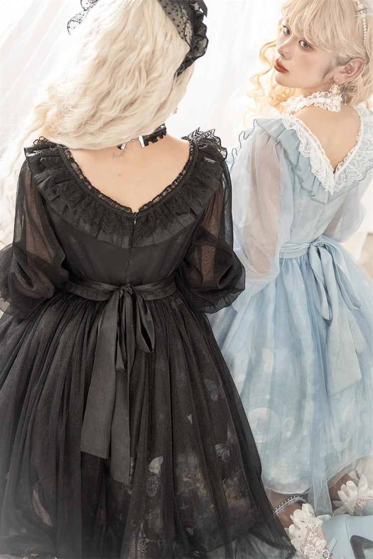 Black Planet Butterfly Printed Gothic Lolita Dress - High-Waisted Ruffled Lace
