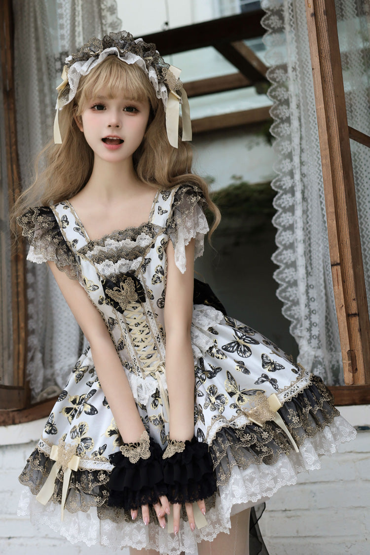 Cream Sleeveless Print Ruffle Bowknot Lace-Up Sweet Princess JSK Dress Set