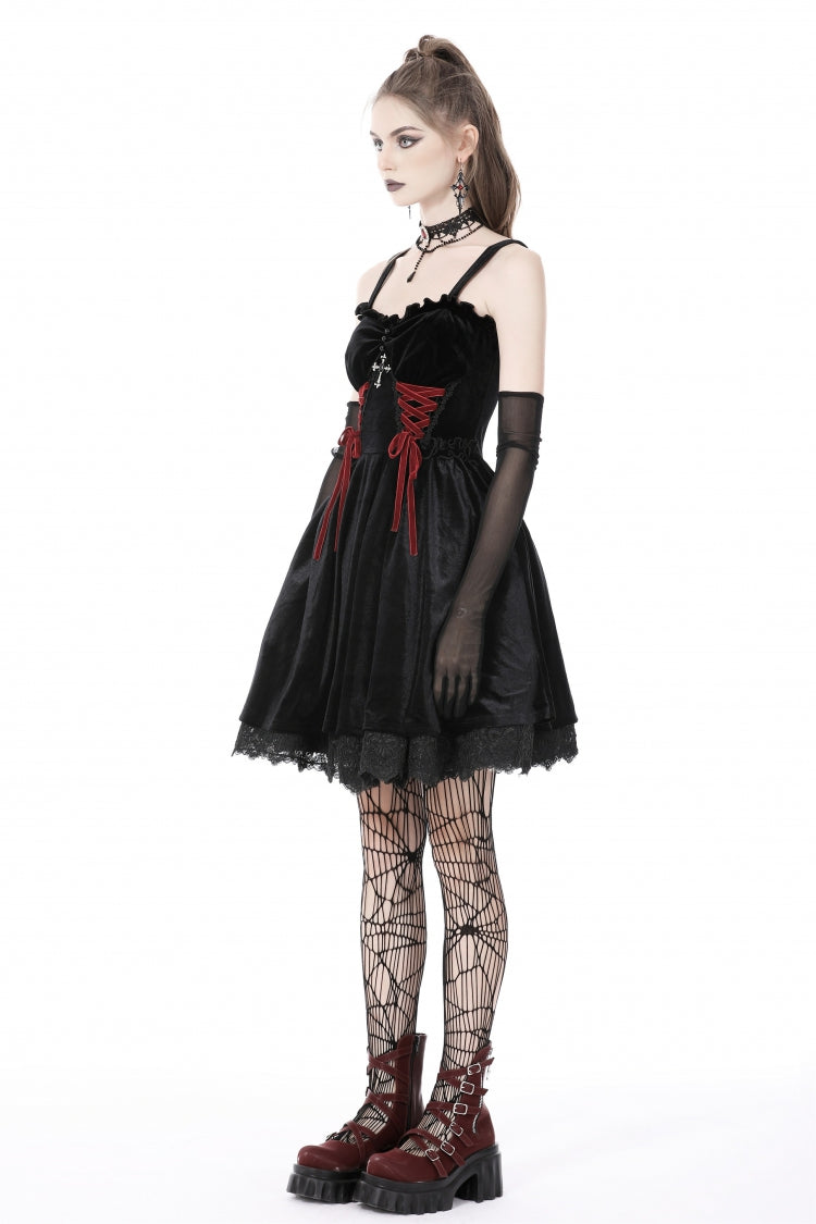 Crimson & Black Cross Lace-Up Velvet Slip Dress