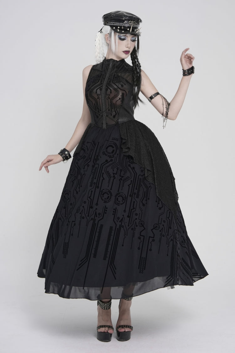 Stand Collar Sleeveless Multi-Layered Printed Sheer Punk Elegant Gorgeous Dress