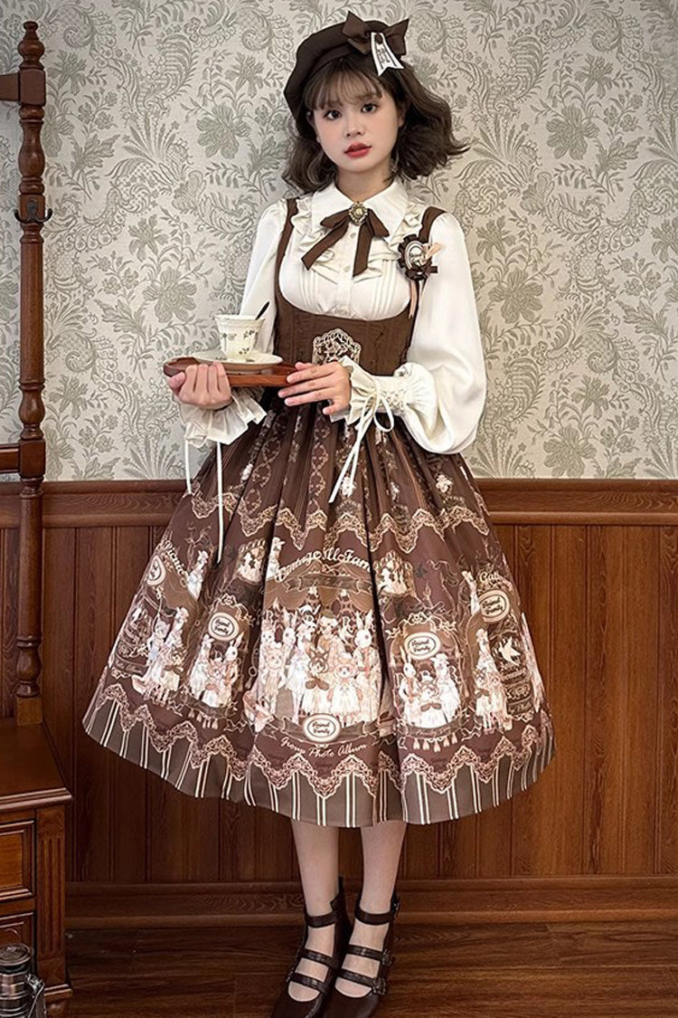 Dollhouse Print Long JSK Dress with Embroidery and Ruffles