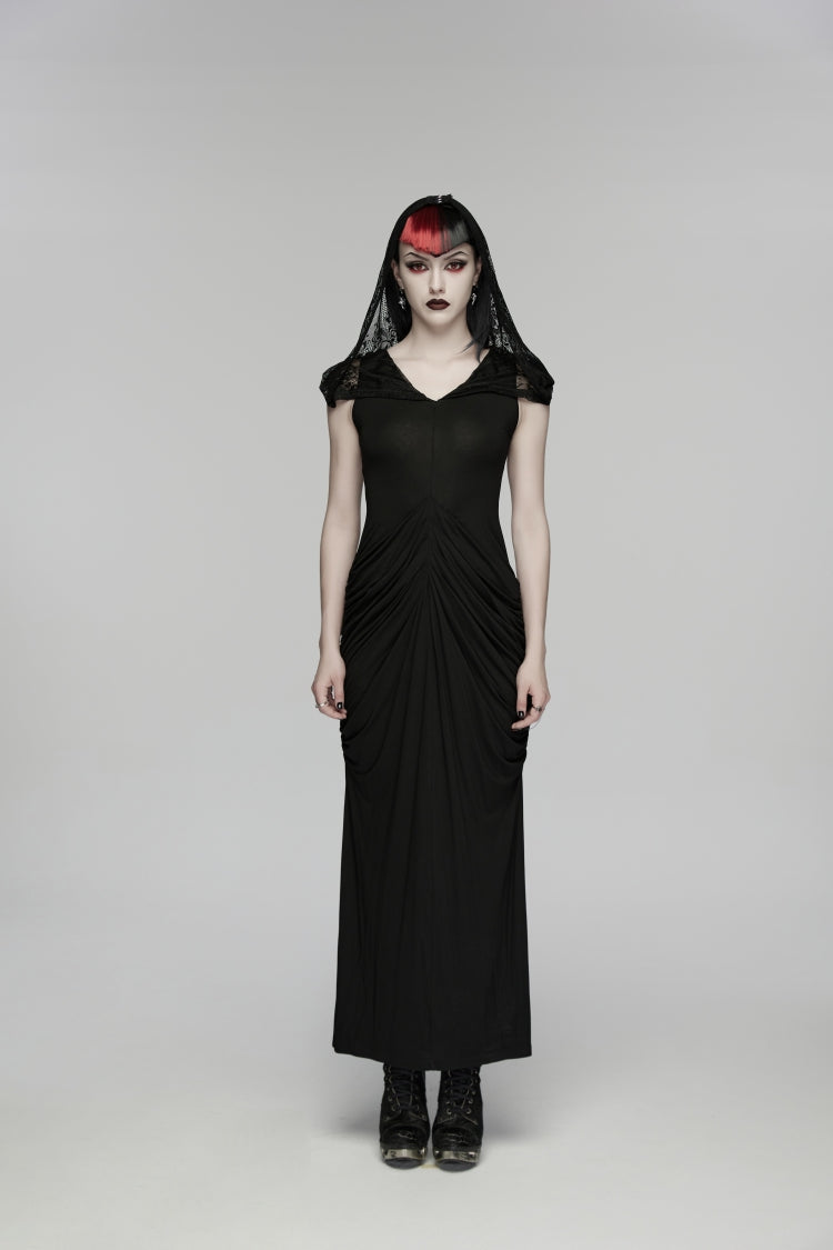 V Collar Short Puff Sleeves Cut-Out Lace Pleated Gothic Wedding Dress