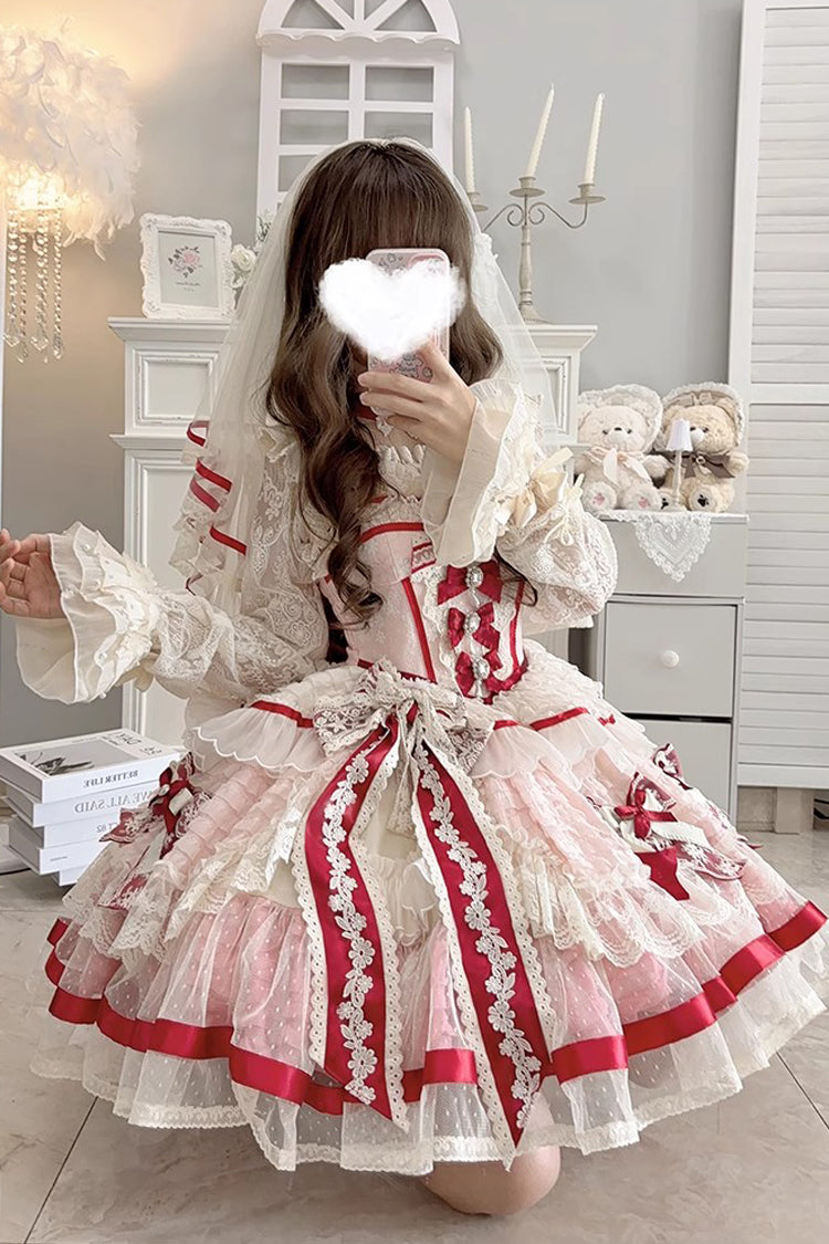 Moonstone Sleeveless Ruffle Embroidery Bow Lace Fishbone Princess Dress in Pink