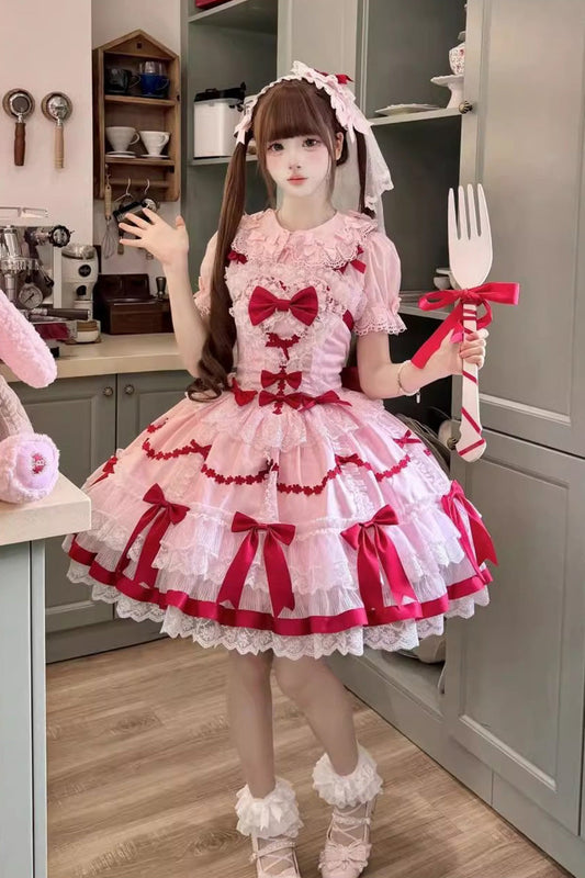 Red Pink Scarlet Heart Cocoa Sleeveless Triple-Layered Ruffle Embroidery Lace Sweet Lolita Jsk Dress