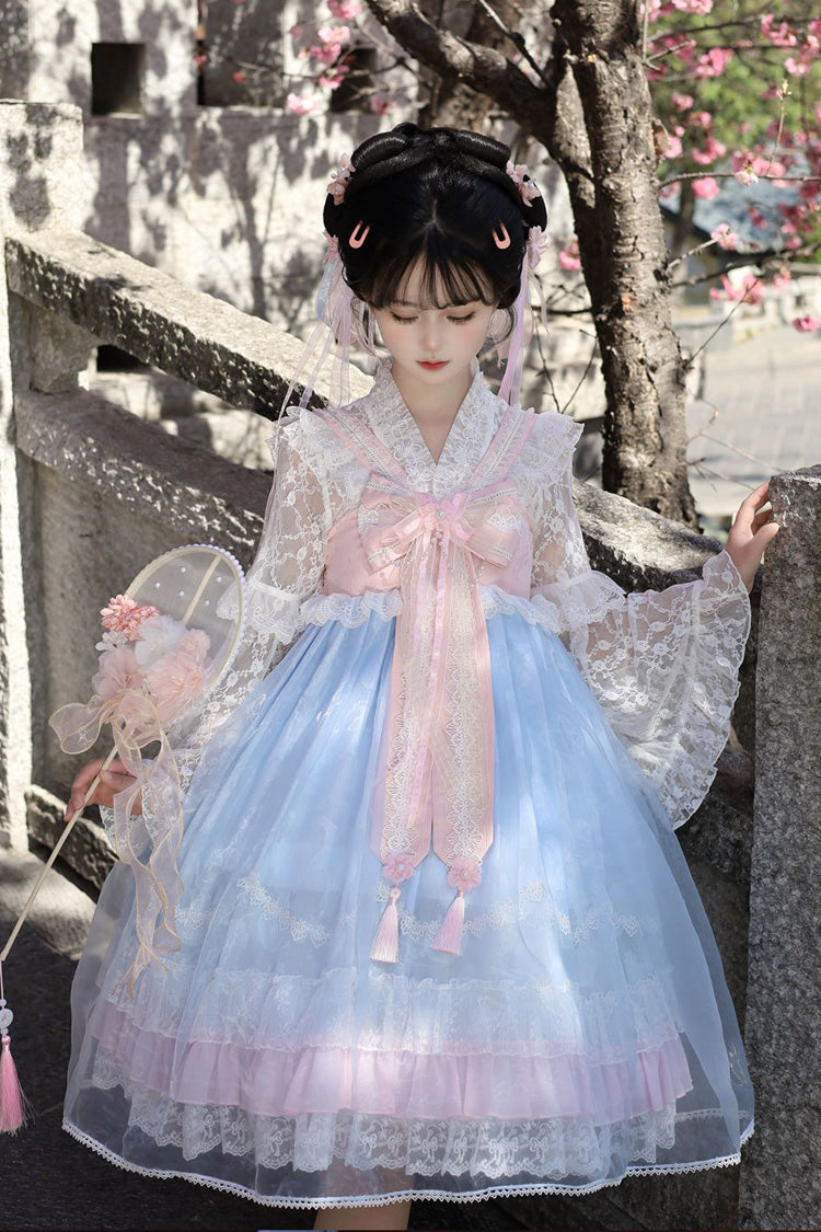 Peach Blossoms in Spring Fields Sweet Chinese Lolita JSK with Ruffles