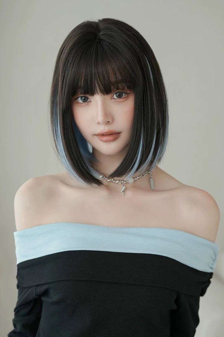 Sky Blue Black Highlight Natural Clavicle Bob Sweet Lolita Wig