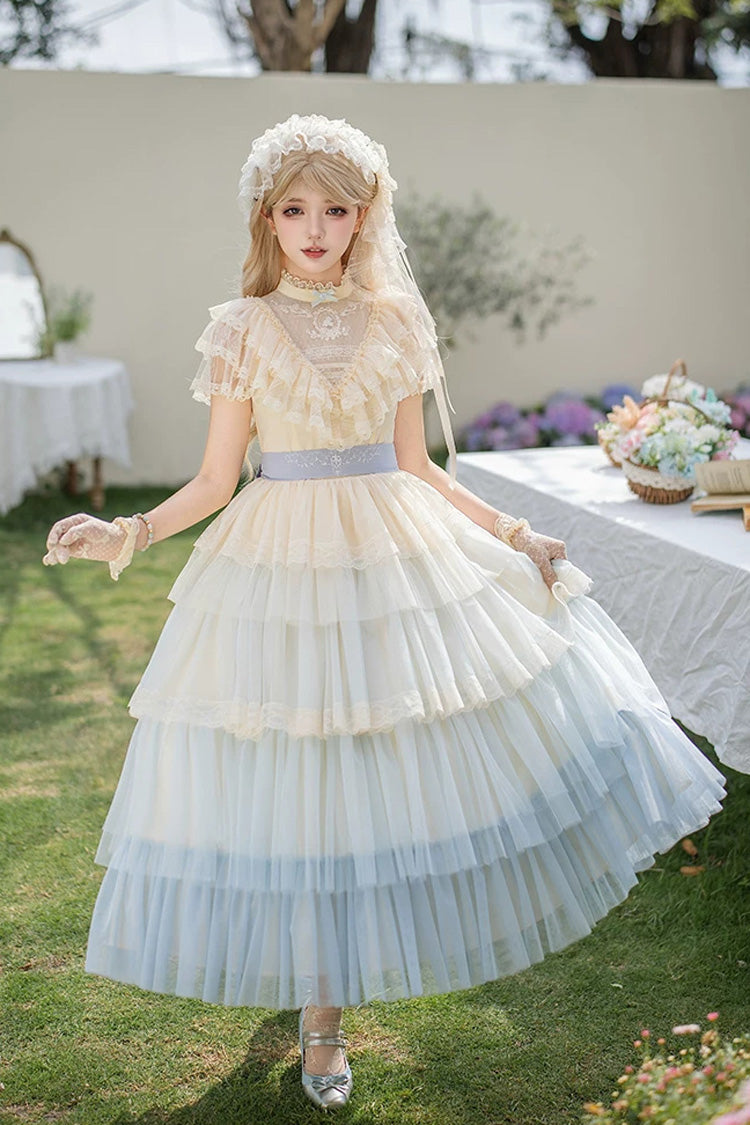 Sweet Lolita Dress with Edwardian Collar and Ombre Ruffles - Blue