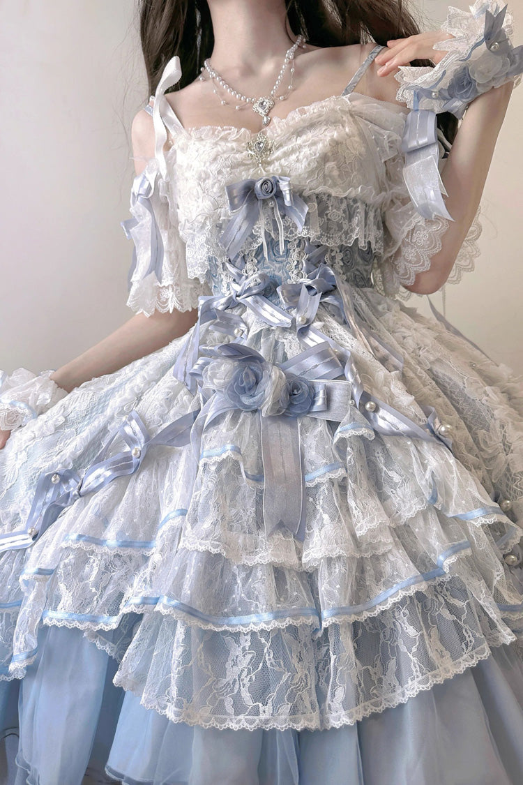 Blue Diane Rose Short Sleeve Jacquard Ruffle Cardigan Bow Lace Sweet Lolita Dress