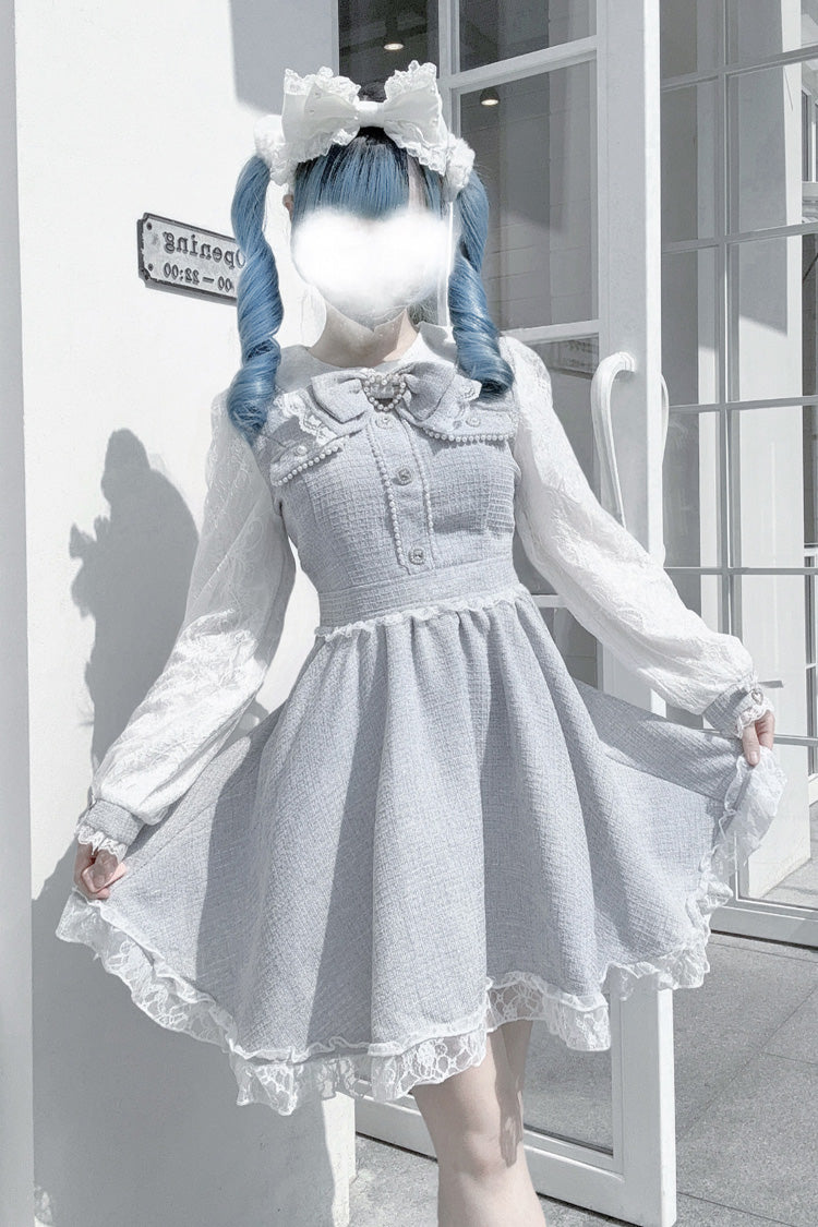 Grey Pearl and Bow Lace-Trimmed Jirai Dress