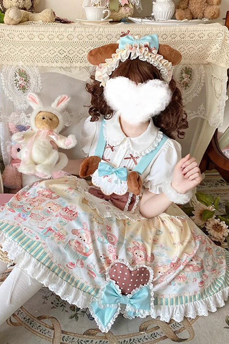 Multi Print Ruffle Bow Vintage Lolita Strap Dress