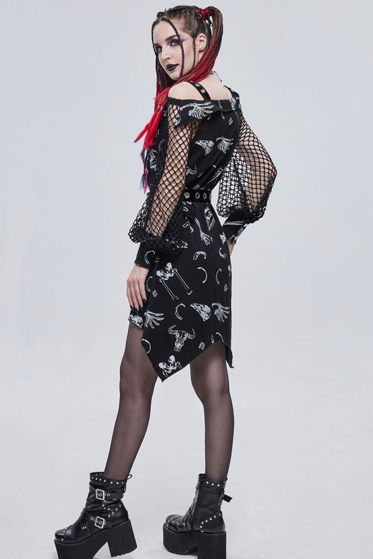 Knit Bone Print Sling Grommet Strap Long Sleeve Gothic Dress