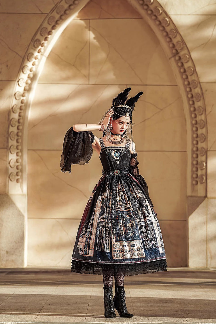 Gothic Lolita Dress with Egyptian Print, Ruffles, Dusk Style