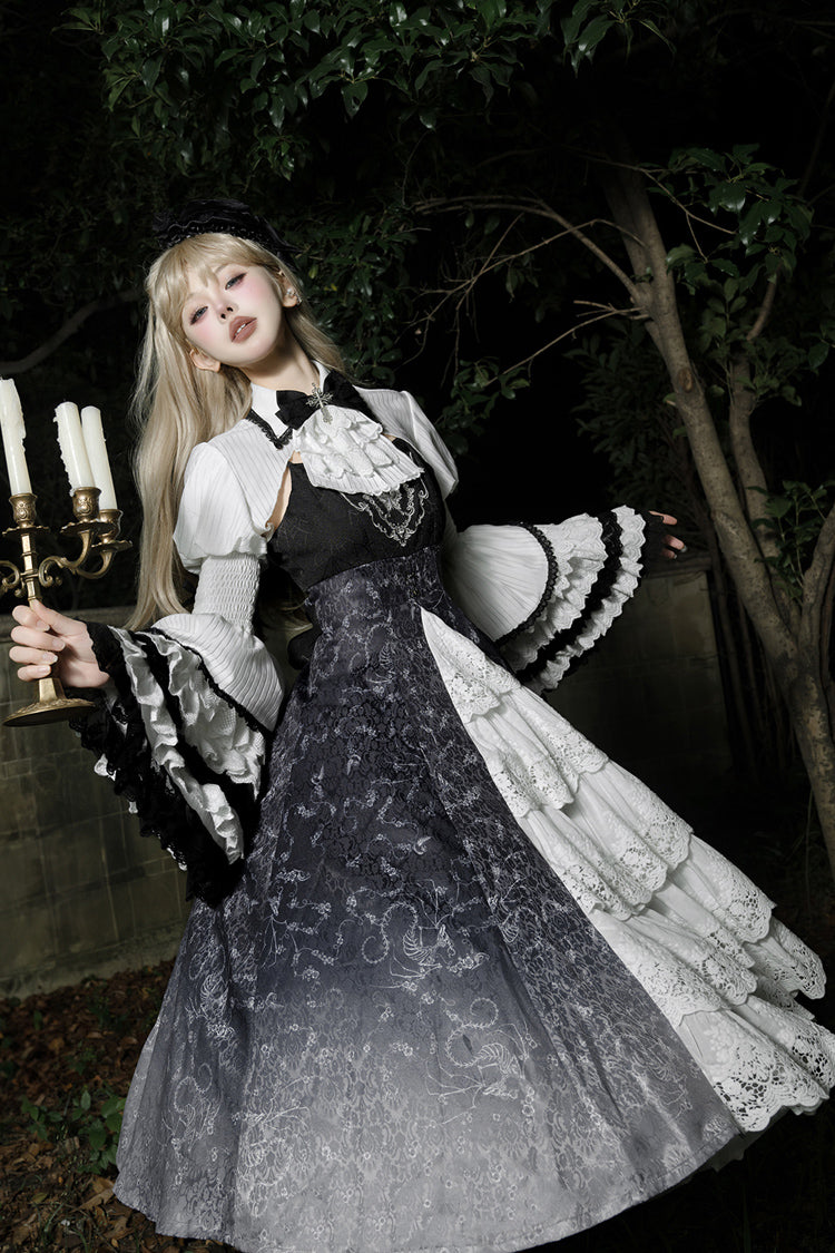 Black White Printed Bone Magic Ruffle Cardigan Lace Classic Gothic Princess Lolita Jsk Dress