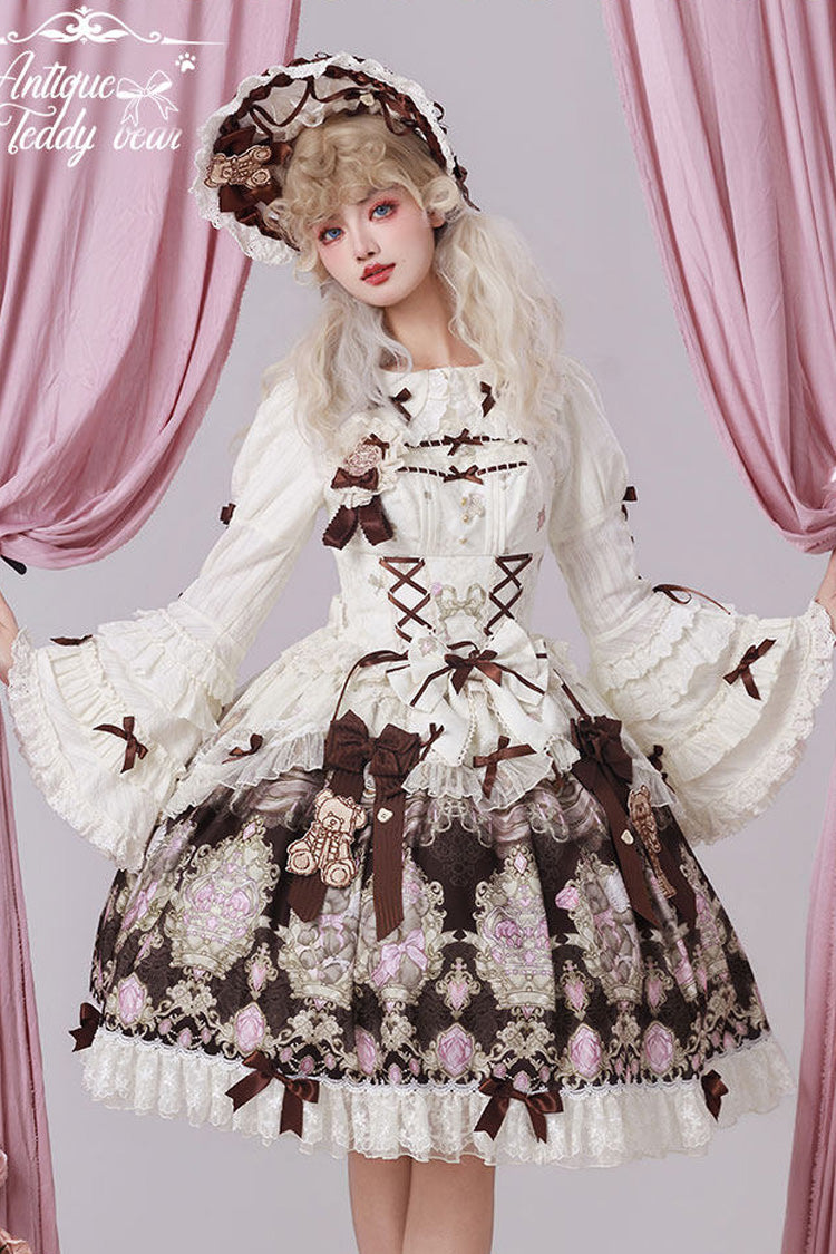 Antique Teddy Bear Sleeveless Print Bow Lace Elegant JSK