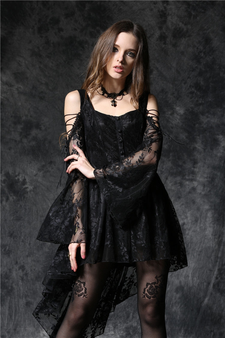 Square Collar Long Sleeves Overlay Embroidered Lace Gothic Dress