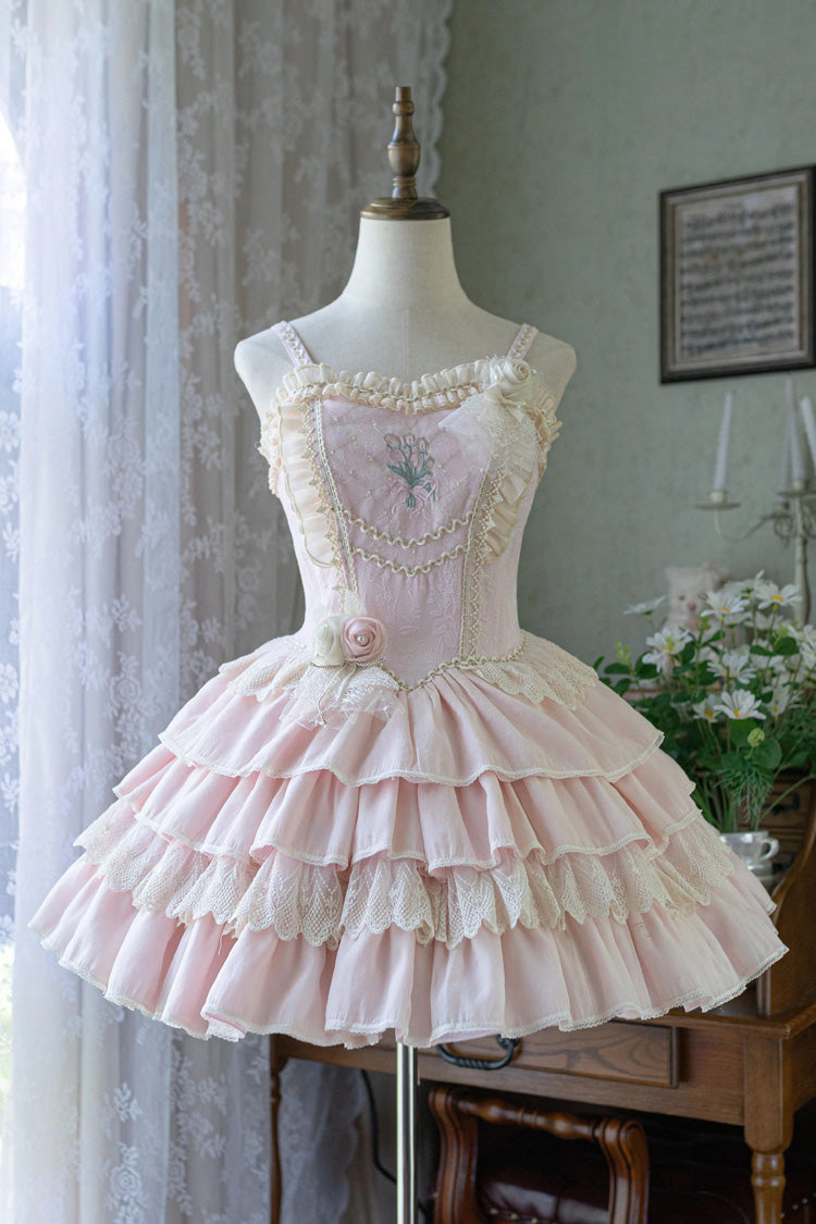 Good Night Tulip Sleeveless Multi-Tiered Ruffled Embroidered Lace Sweet Ballet Lolita Jumper Dress Two Colors