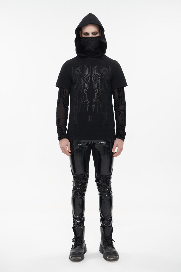 Mesh Paneled Hooded T-Shirt with Circuit Print for Men