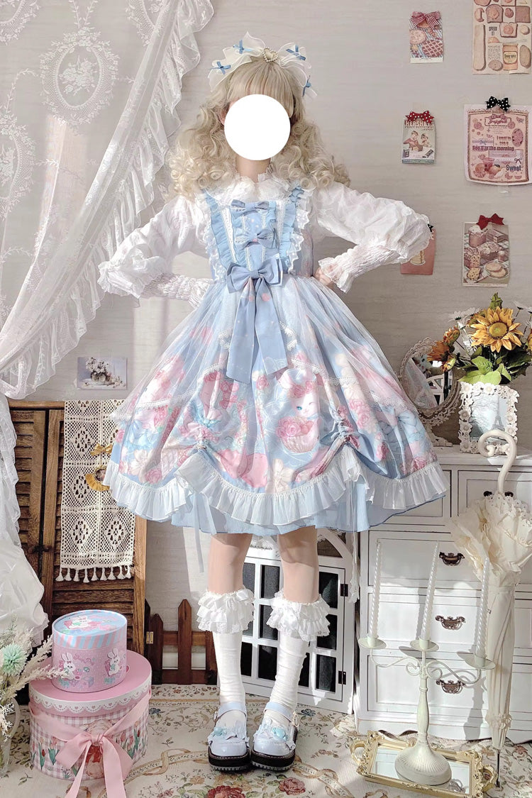 Azure High-Waist Rabbit-Print Sweet JSK with Ruffled Bow