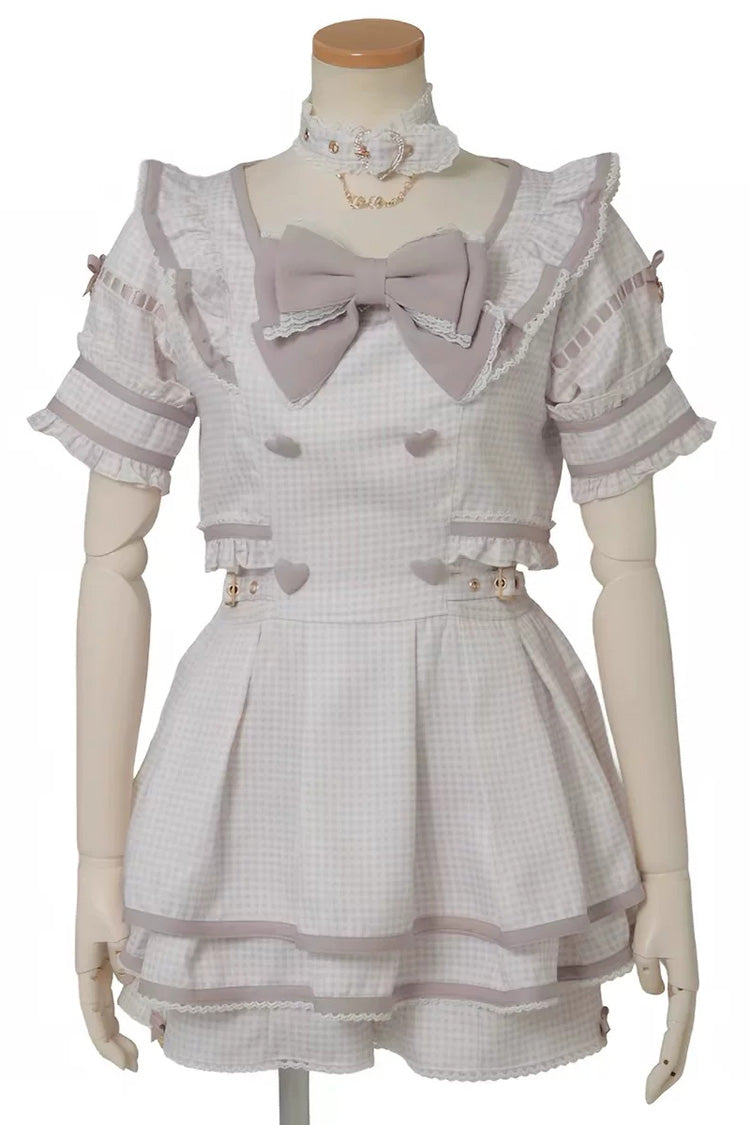 Cute Bow Print Square Neck Short Sleeve Plus Size Jirai Dress with Matching Shorts