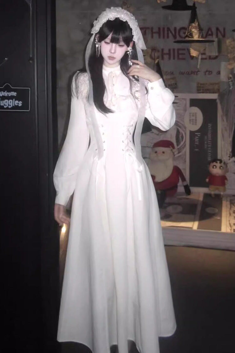 Gothic Apricot Stand Collar Long Sleeve Ruffled Lace-Up Midi Lolita Dress